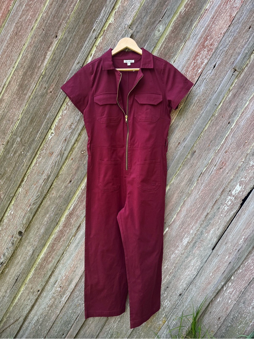 Albion Burgundy Denim Utility Jumpsuit Coverall Short Sleeve Size S